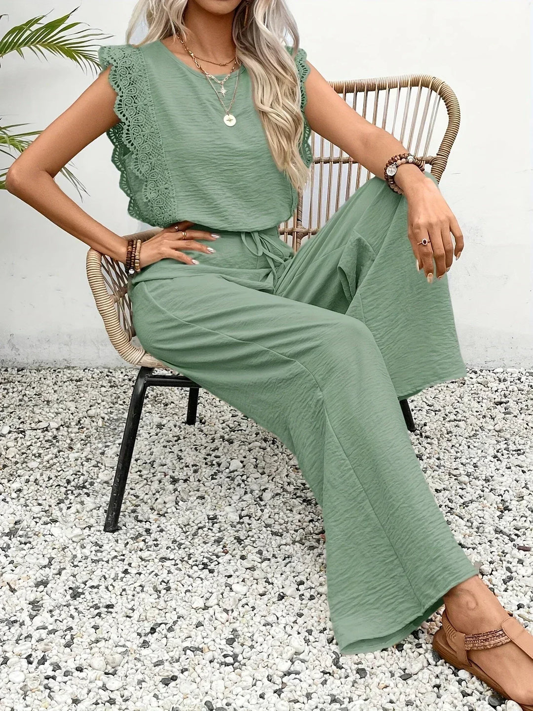 Zella™ Elegant Two-Piece Set | Lace-Trimmed Top and Wide-Leg Trousers