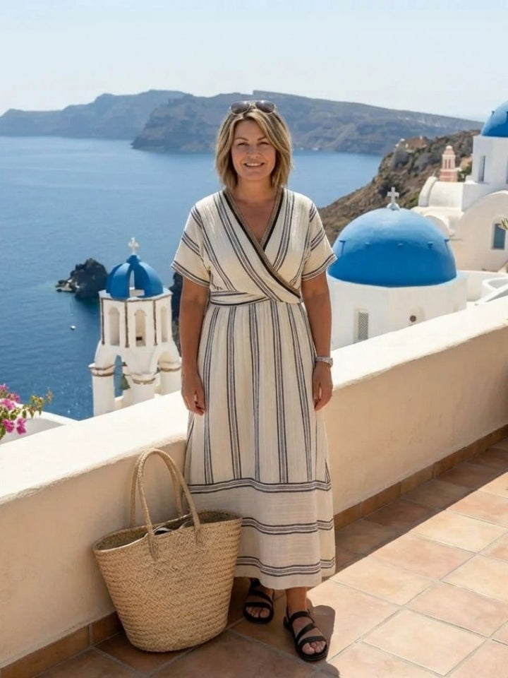 Thalassa™ | V Neck Short Sleeve Wrap Waist Midi Dress