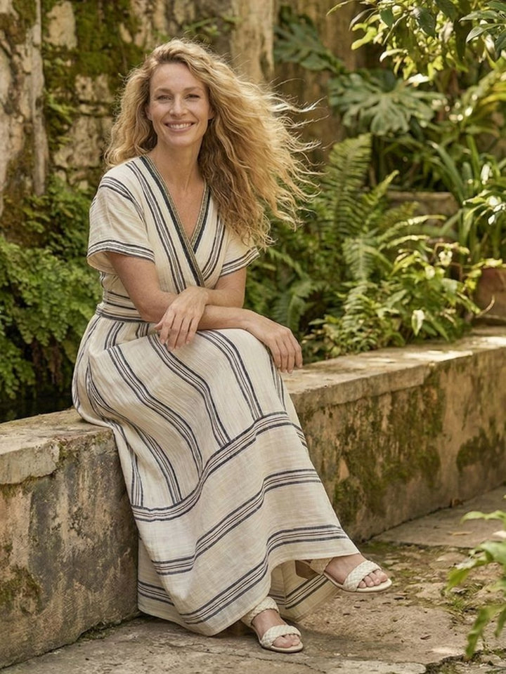 Thalassa™ | V Neck Short Sleeve Wrap Waist Midi Dress