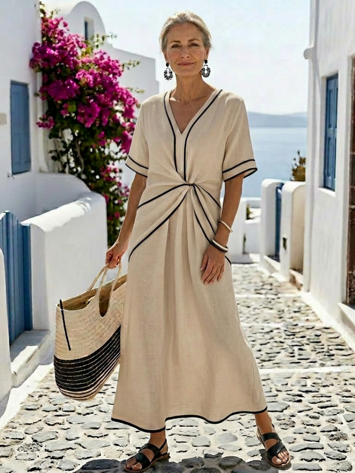 Linnea™ | V Neck Short Sleeve Gathered Waist Midi Dress