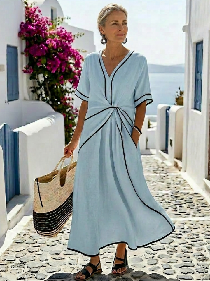 Linnea™ | V Neck Short Sleeve Gathered Waist Midi Dress